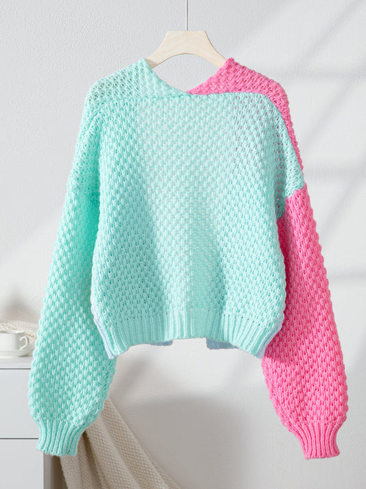 Idle Knitted Pocket Sweater Cardigan Coat Women Thick Needle Contrast Color Single Breasted V neck Top - Iyanka