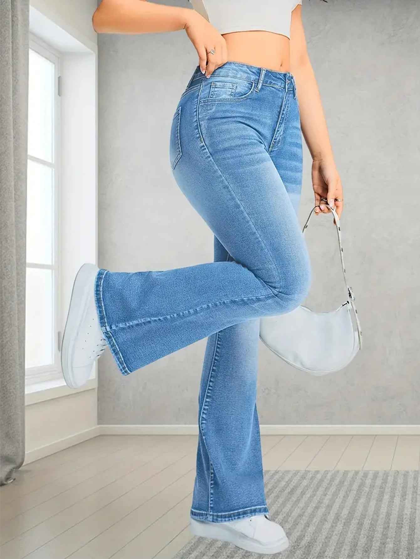 Women Jeans Stretch Multi Craft Pocket Design Loose Flared Pants Slim Fit Light Blue Trousers