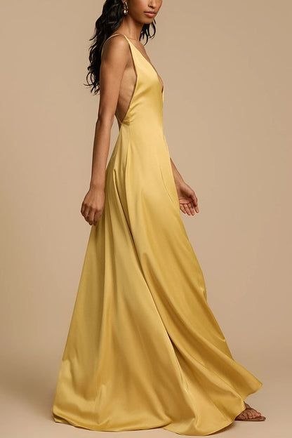 Summer Sexy Backless V neck Satin Maxi Dress Women - Iyanka
