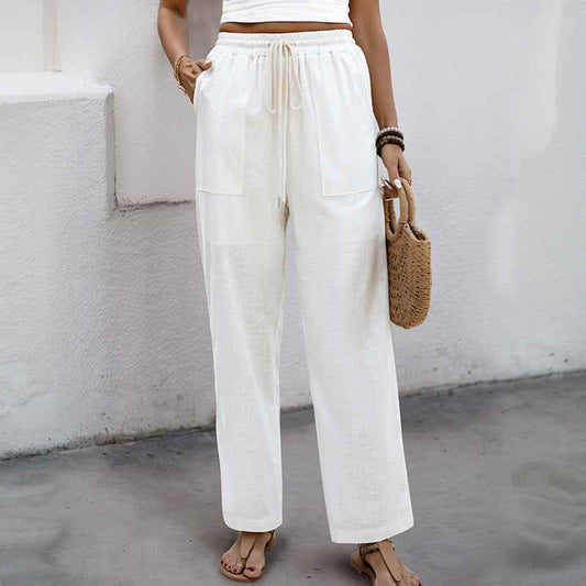 Women’s Summer Elegant White Lace-Up High Waist Trousers