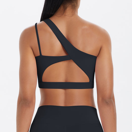 Solid Color One Shoulder Beauty Back Yoga Bra Nude Feel Push up Sports Bra Irregular Asymmetric Shoulder Strap Sports Vest for Women - Iyanka