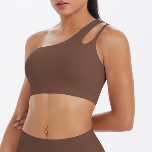 Solid Color One Shoulder Beauty Back Yoga Bra Nude Feel Push up Sports Bra Irregular Asymmetric Shoulder Strap Sports Vest for Women - Iyanka