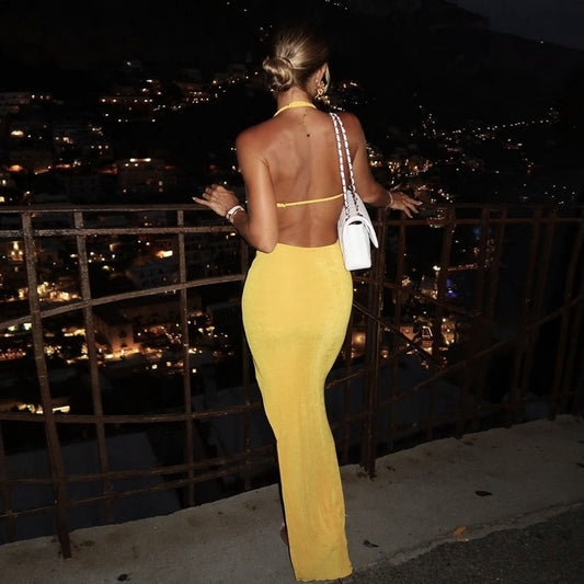 Summer Women Clothing Sexy Hollow Out Cutout out Backless V neck Slim Fit Slit Solid Color Long Halter Dress Women