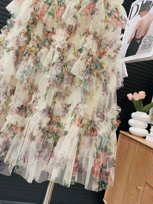 Heavy Industry Stitching Printing Net Yarn Cake Skirt Skirt Women Floral Puffy Long Skirt