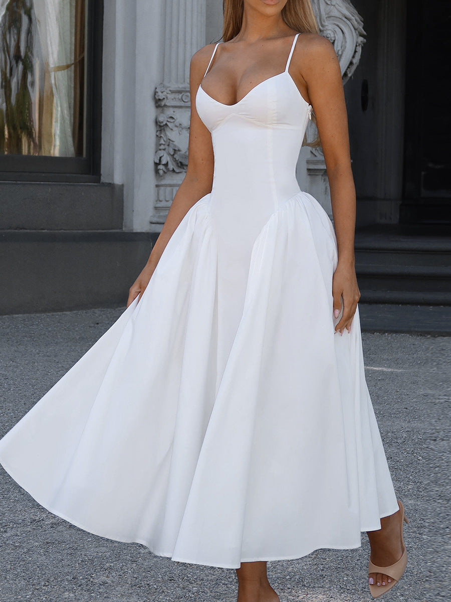 Summer Clothes Women Sexy V neck Strap Dress Long Women Clothing Fitted Waist Backless White Dress - Iyanka