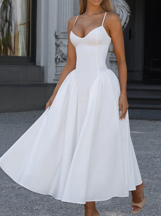 Summer Clothes Women Sexy V neck Strap Dress Long Women Clothing Fitted Waist Backless White Dress - Iyanka