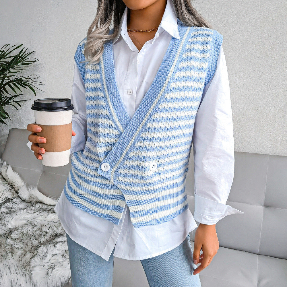 Stripe College Knitted Vest Sweater Women Clothing - Iyanka