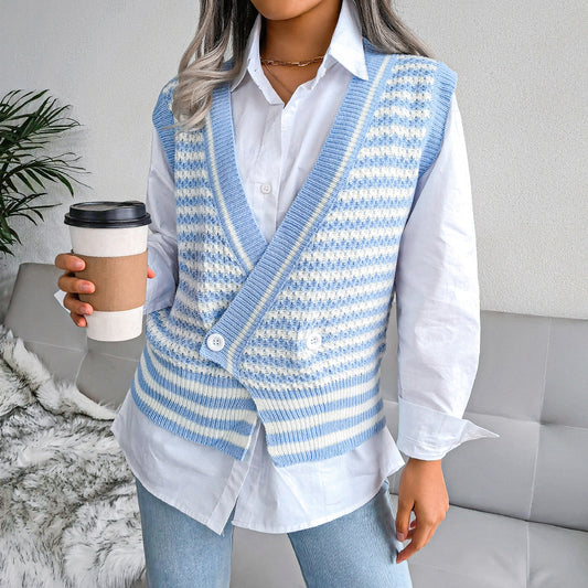 Stripe College Knitted Vest Sweater Women Clothing - Iyanka