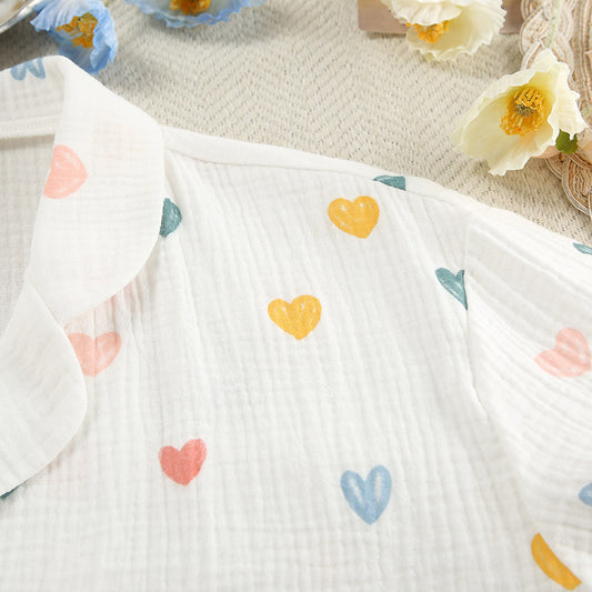 Summer Layer Crepe Heart Printing Pajamas Two Piece Cardigan Half Sleeve Shorts Women Homewear - Iyanka