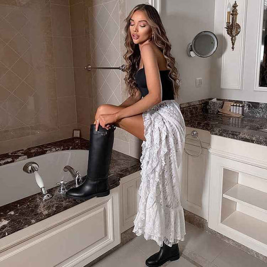 Women Commuting Wear Summer Side Slit Sexy Ruffles Atmosphere Lace See through Skirt