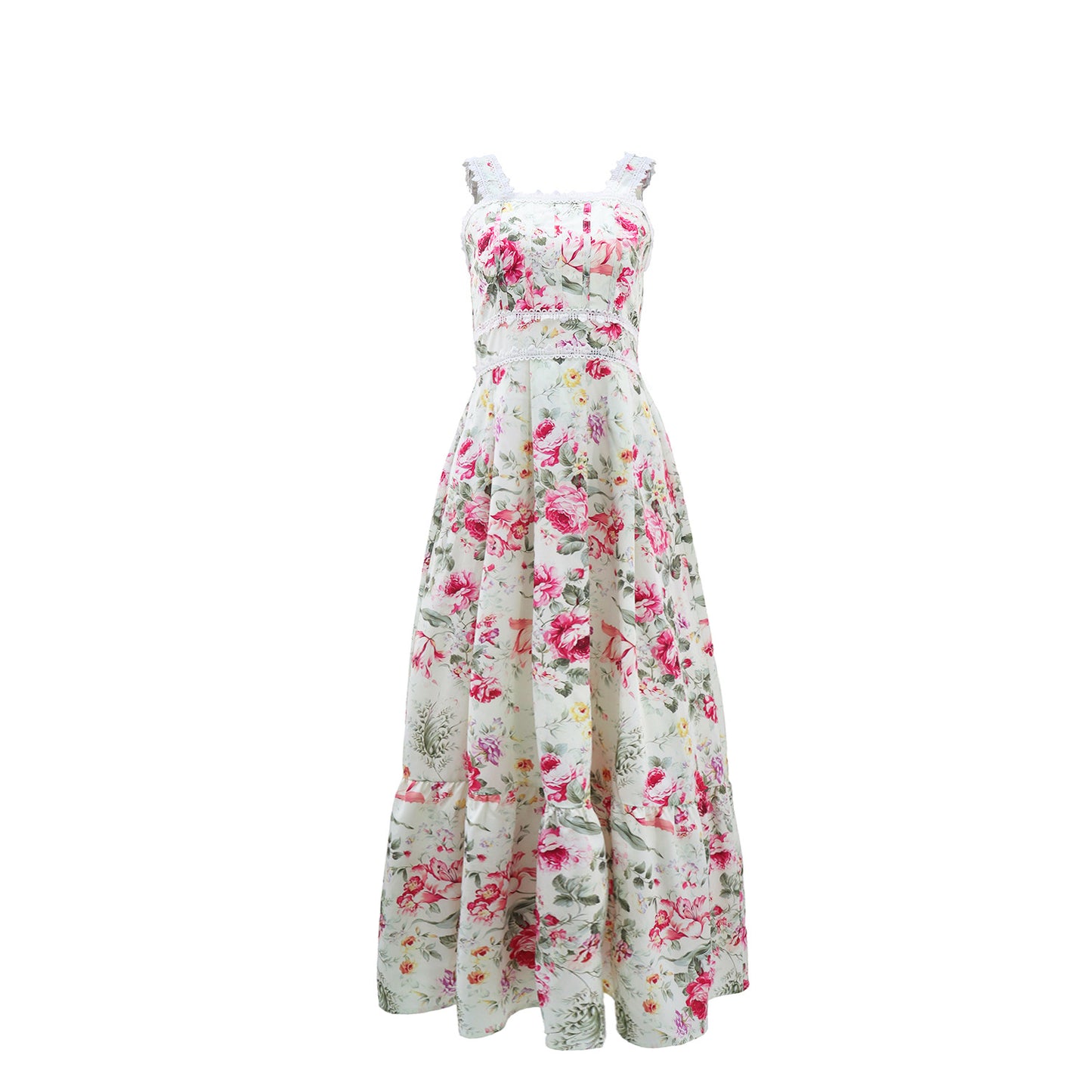 Women Holiday Floral Print Lace Sleeveless A line Dress