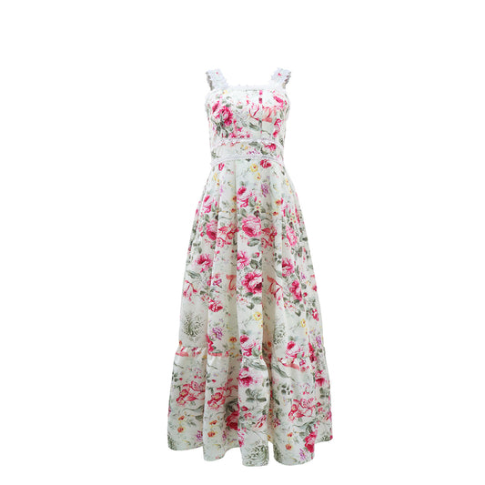 Women Holiday Floral Print Lace Sleeveless A line Dress