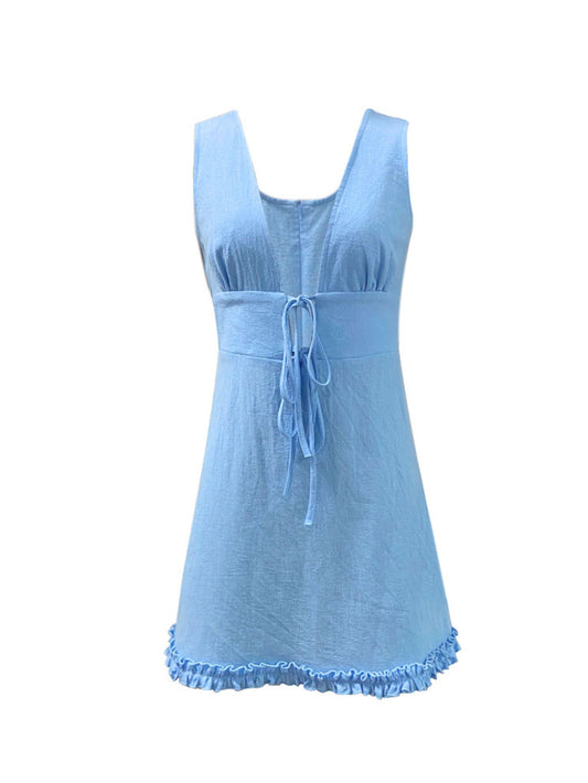 Women Clothing Sexy Deep V Plunge Lace up Sexy Dress Summer Hollow Out Cutout Sleeveless A line Dress