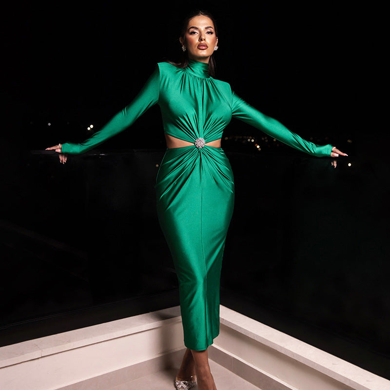 Half High Collar Long Sleeves Stitching Dress Women Sexy Backless Pleated Dress Winter - Iyanka