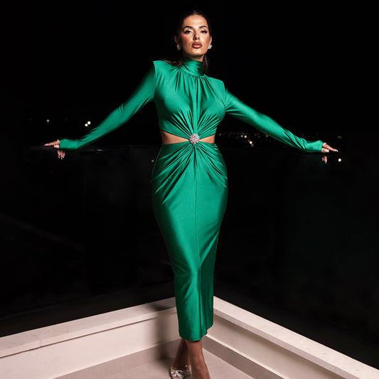 Half High Collar Long Sleeves Stitching Dress Women Sexy Backless Pleated Dress Winter - Iyanka