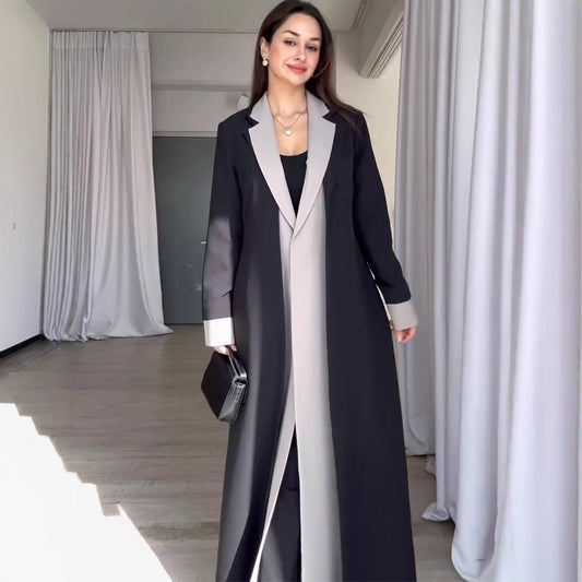 Long Collar Stitching Contrast Color Trench Coat Women Office Coat - Iyanka