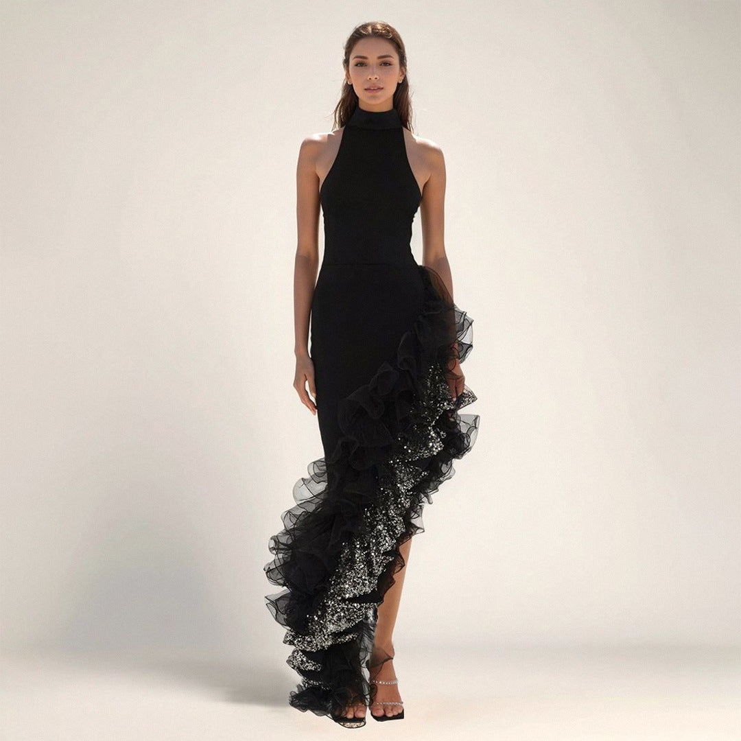 Ruffled Black Mesh Asymmetric Dress Long Party Sexy Cocktail Bandage Dress for Women - Iyanka