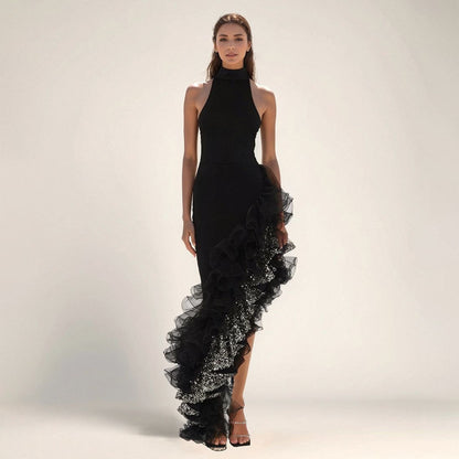 Ruffled Black Mesh Asymmetric Dress Long Party Sexy Cocktail Bandage Dress for Women - Iyanka