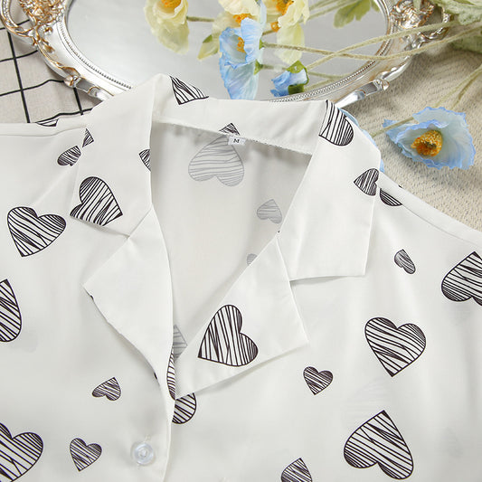 Spring Summer Heart Printing Cardigan Short Sleeve Split Shorts Pajamas Women Comfort Casual Home Wear - Iyanka