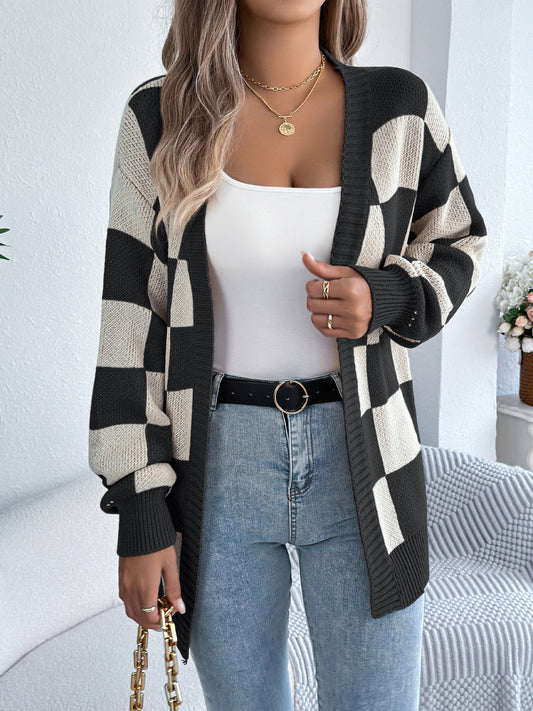 Autumn Winter Contrast Color Plaid Lantern Sleeve Cardigan Sweater Mid Length Coat Women Clothing - Iyanka