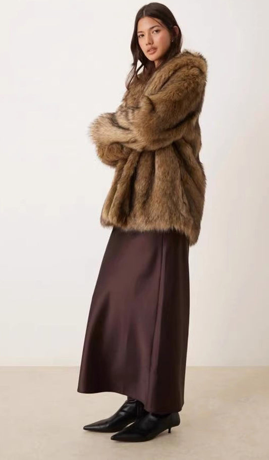 Women Fur Coat Imitation Raccoon Fur Mid Length Coat Faux Fur Long Sleeve Winter Warm Tops - Iyanka