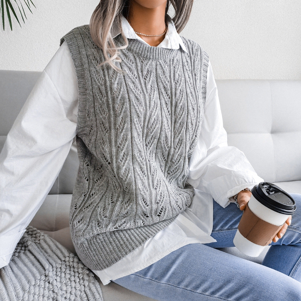 Autumn Winter round Neck Hollow Out Cutout Leaves Casual Knitted Vest Sweater Women Clothing - Iyanka