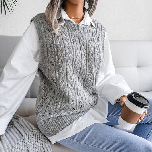 Autumn Winter round Neck Hollow Out Cutout Leaves Casual Knitted Vest Sweater Women Clothing - Iyanka