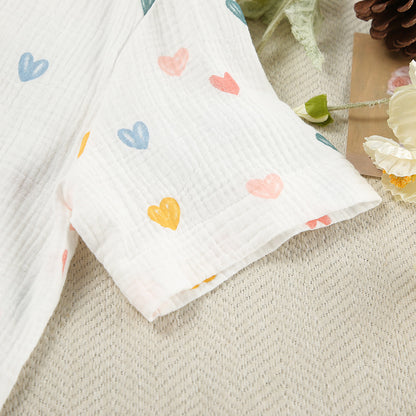 Summer Layer Crepe Heart Printing Pajamas Two Piece Cardigan Half Sleeve Shorts Women Homewear - Iyanka