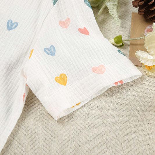 Summer Layer Crepe Heart Printing Pajamas Two Piece Cardigan Half Sleeve Shorts Women Homewear - Iyanka