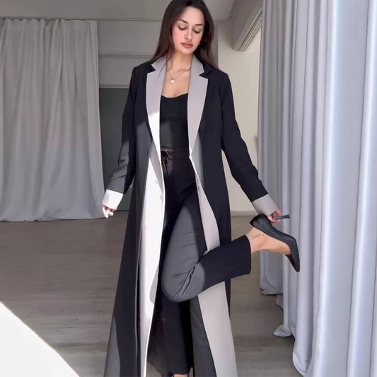 Long Collar Stitching Contrast Color Trench Coat Women Office Coat - Iyanka