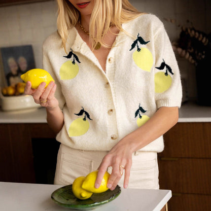 Fall Mango Pattern Knitwear Casual Short Sleeve Button Sweater Top Women - Iyanka