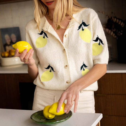 Fall Mango Pattern Knitwear Casual Short Sleeve Button Sweater Top Women - Iyanka