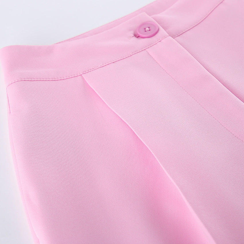 Pink Gentle Sleeveless Collar Loose Fitting Waistcoat High Waist Pocket Wide Leg Pants Summer Casual Set Women - Iyanka