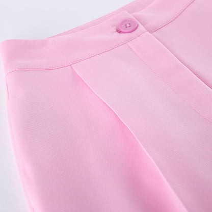 Pink Gentle Sleeveless Collar Loose Fitting Waistcoat High Waist Pocket Wide Leg Pants Summer Casual Set Women - Iyanka