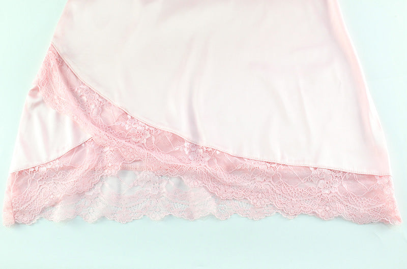 Summer V neck Lace Edge Dress Satin Skin Friendly Sexy Pink Sling Pajamas - Iyanka