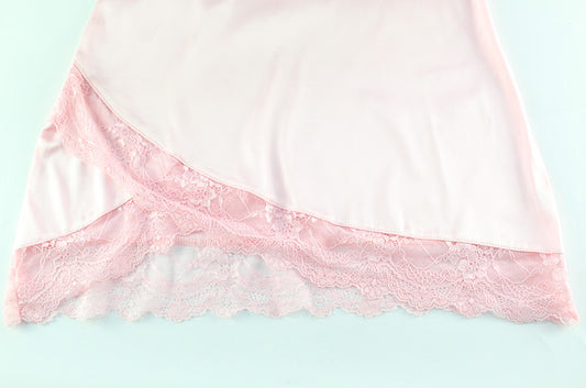 Summer V neck Lace Edge Dress Satin Skin Friendly Sexy Pink Sling Pajamas - Iyanka
