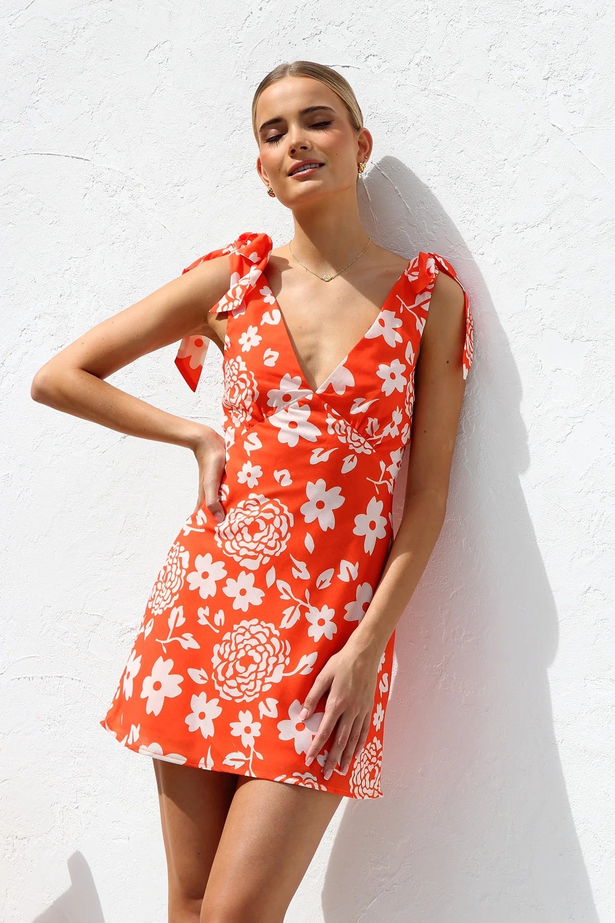 Summer Dress Printed V neck Lace up Mini Sling Dress
