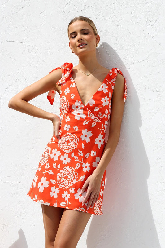 Summer Dress Printed V neck Lace up Mini Sling Dress