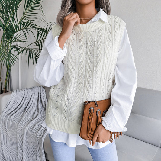 Autumn Winter round Neck Hollow Out Cutout Leaves Casual Knitted Vest Sweater Women Clothing - Iyanka