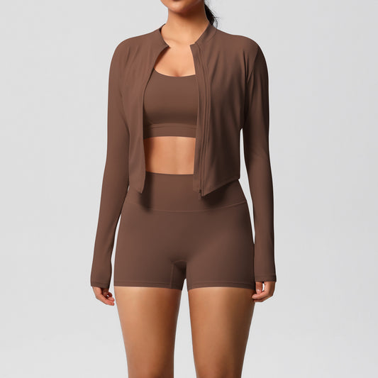 Solid Color Cloud Sense Yoga Bra Sports Coat Pilates Running Shorts Fitness Yoga Wear Three Piece Set for Women - Iyanka