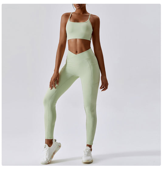 Nude Feel Yoga Pants Hip Lifting Pocket Quick Drying Fitness Pants Criss Cross Waist Head Skinny Running Sports Pants Women - Iyanka