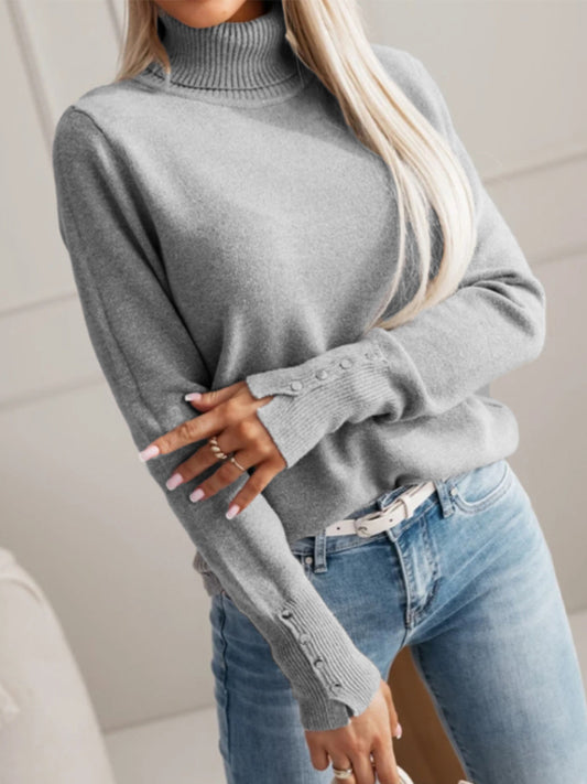 Women Elegant Fall Winter Lapels Knitwear Solid Color Buttons Pullover Sweater Top - Iyanka