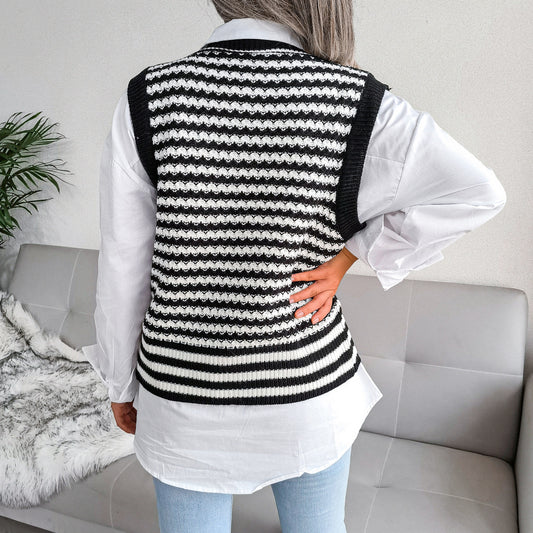 Stripe College Knitted Vest Sweater Women Clothing - Iyanka