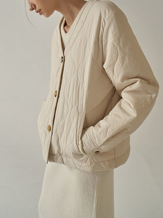 Cotton-Padded Coat Women Wave Pattern Design Quilted Short Thickened Lightweight Cotton Jacket Coat Slimming Bread Coat - Iyanka