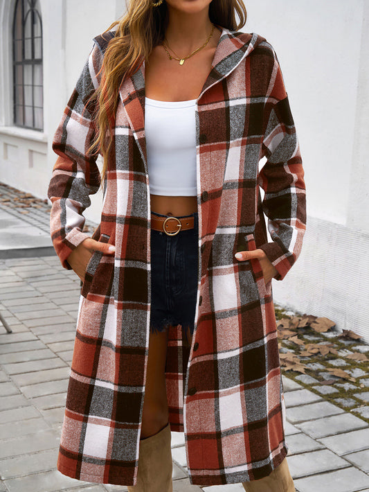 Women Autumn Winter Clothing Casual Loose Contrast Color Breasted Hooded Jacket - Iyanka