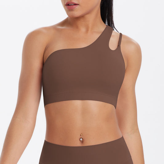 Solid Color One Shoulder Beauty Back Yoga Bra Nude Feel Push up Sports Bra Irregular Asymmetric Shoulder Strap Sports Vest for Women - Iyanka