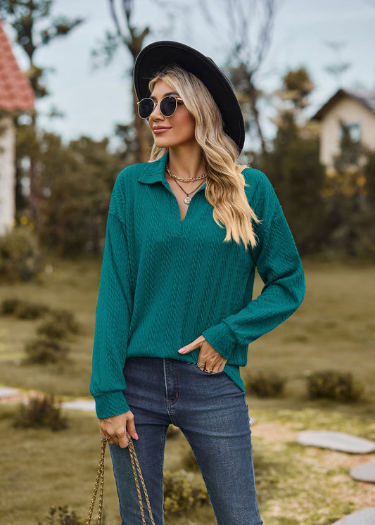 Autumn Winter Solid Color Polo Collar Loose Long Sleeve Sweatershirt Coat Women Jacket - Iyanka