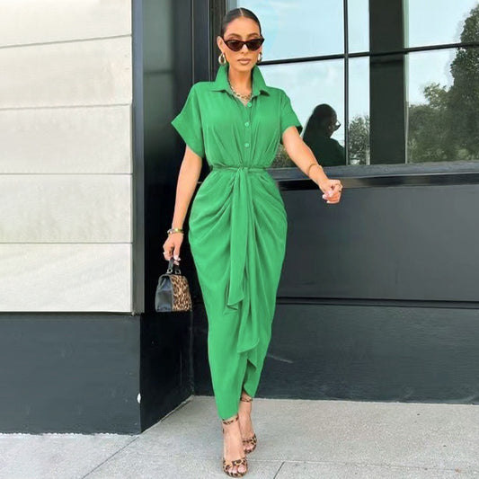 Women Clothing Dress Arrival Collared Elegant Mid Length Short Sleeve Single Breasted High Waist Shirt Dress