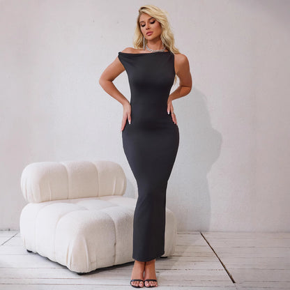 Women Clothing Spring Summer Sleeveless Sexy Slit Pleated Tight Dress