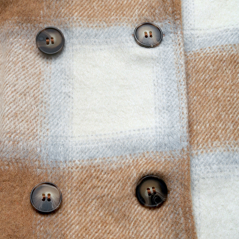 Autumn Winter Casual Retro Mid Length Double Breasted Collar Brushed Plaid Coat - Iyanka